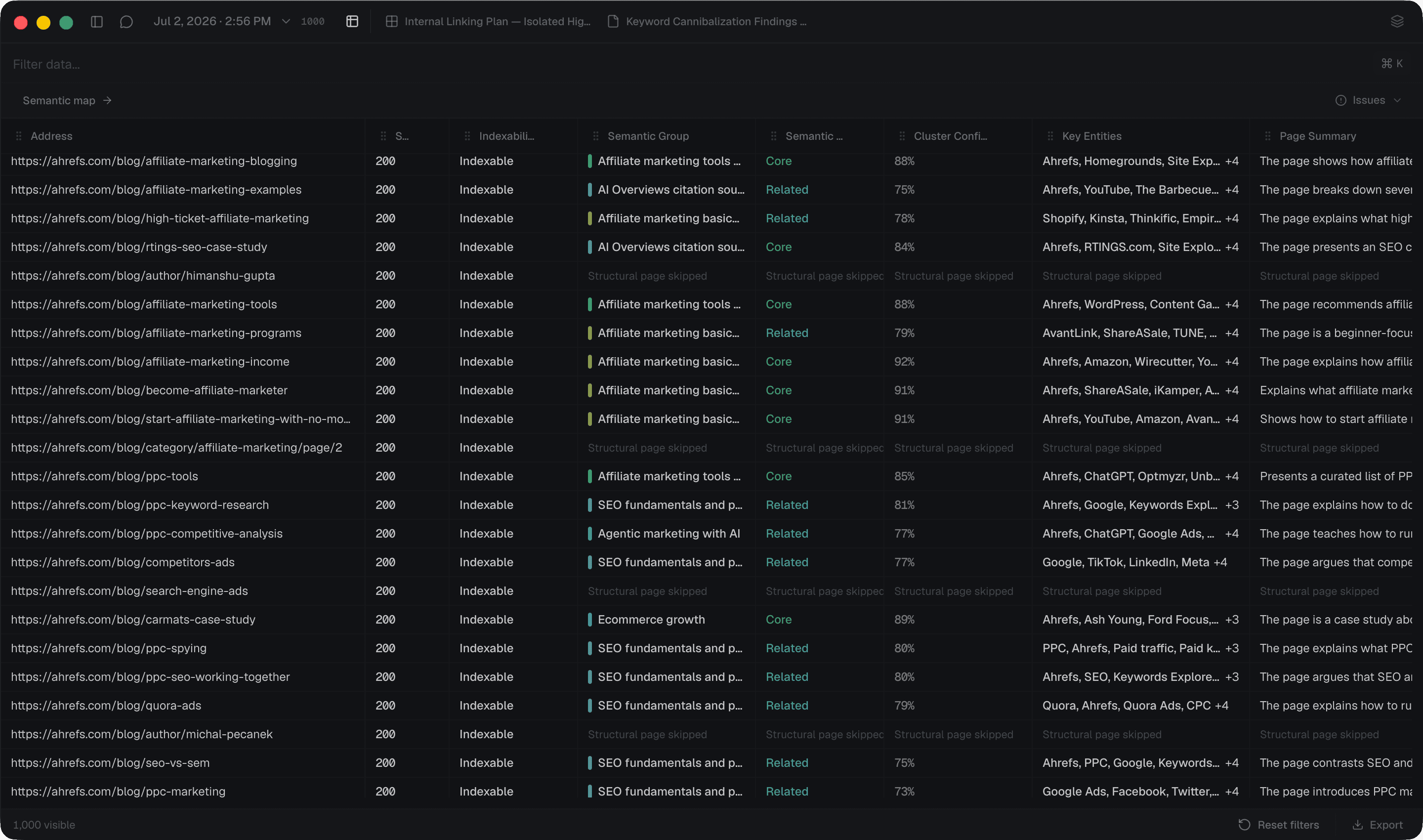Silkra crawl table view in dark mode